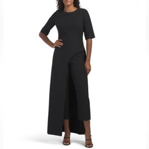 KAY UNGER Black Davina Asymmetrical Front Jumpsuit With Skirt Overlay